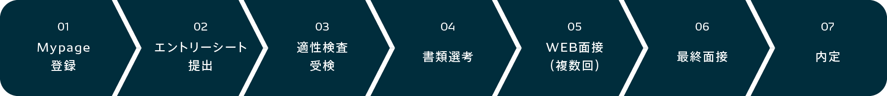 01 Mypage登録 > 02 エントリーシート提出 > 03 適性検査受検 > 04 書類選考 > 05 WEB面接（複数回） > 06 最終面接 > 07 内定