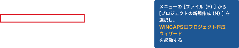 メニューの［ファイル（F）］から［プロジェクトの新規作成（N）］を選択し、WINCAPSⅢプロジェクト作成ウィザードを起動する